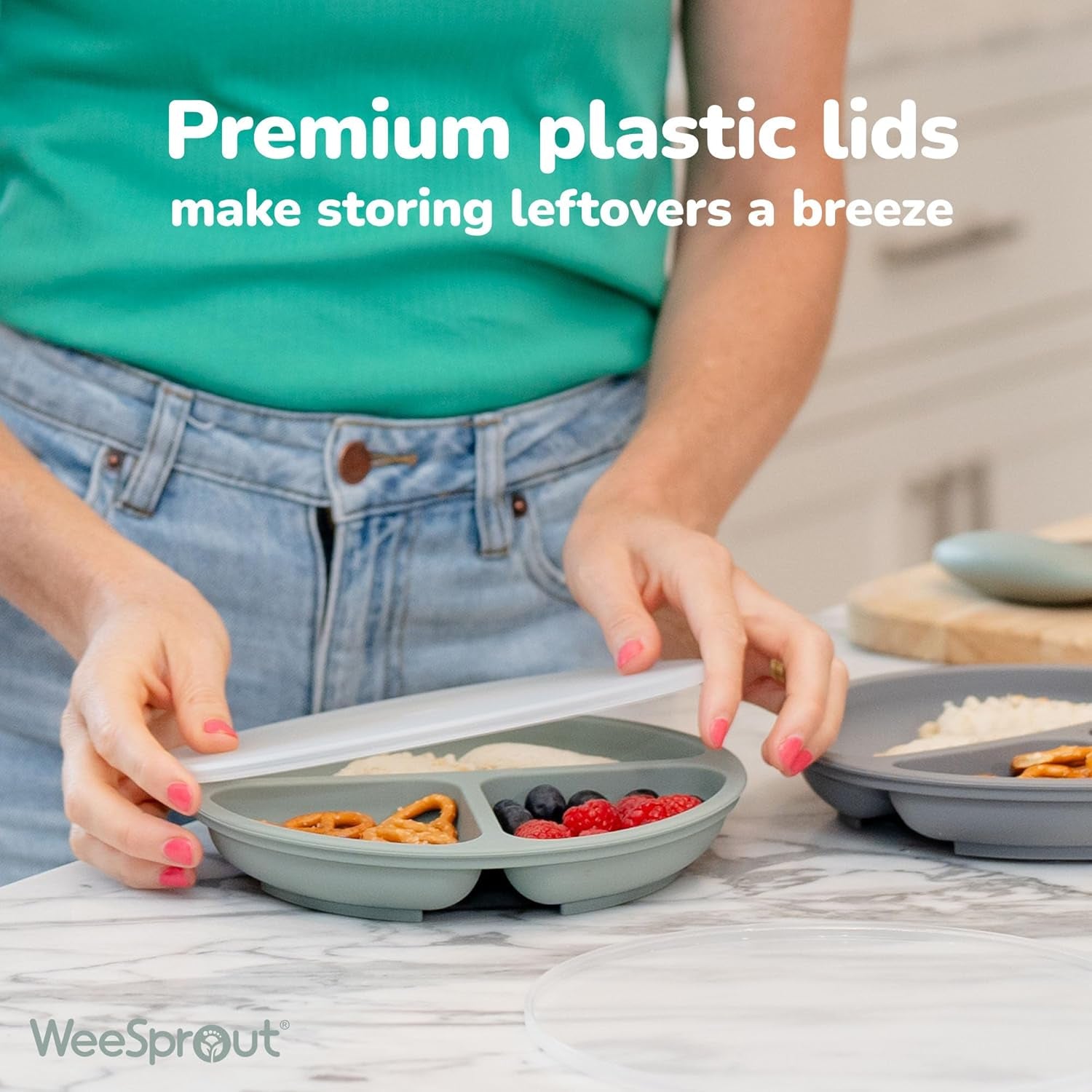 Suction Plates with Lids for Babies & Toddlers - 100% Silicone, Dinnerware Stays Put, Divided Design for Picky Eaters, Microwave & Dishwasher Friendly, 3 Pack