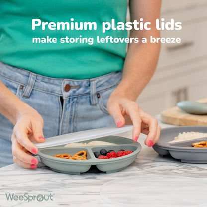 Suction Plates with Lids for Babies & Toddlers - 100% Silicone, Dinnerware Stays Put, Divided Design for Picky Eaters, Microwave & Dishwasher Friendly, 3 Pack