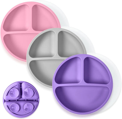 Suction Plates with Lids for Babies & Toddlers - 100% Silicone, Dinnerware Stays Put, Divided Design for Picky Eaters, Microwave & Dishwasher Friendly, 3 Pack