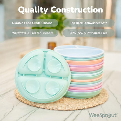 Suction Plates with Lids for Babies & Toddlers - 100% Silicone, Dinnerware Stays Put, Divided Design for Picky Eaters, Microwave & Dishwasher Friendly, 3 Pack
